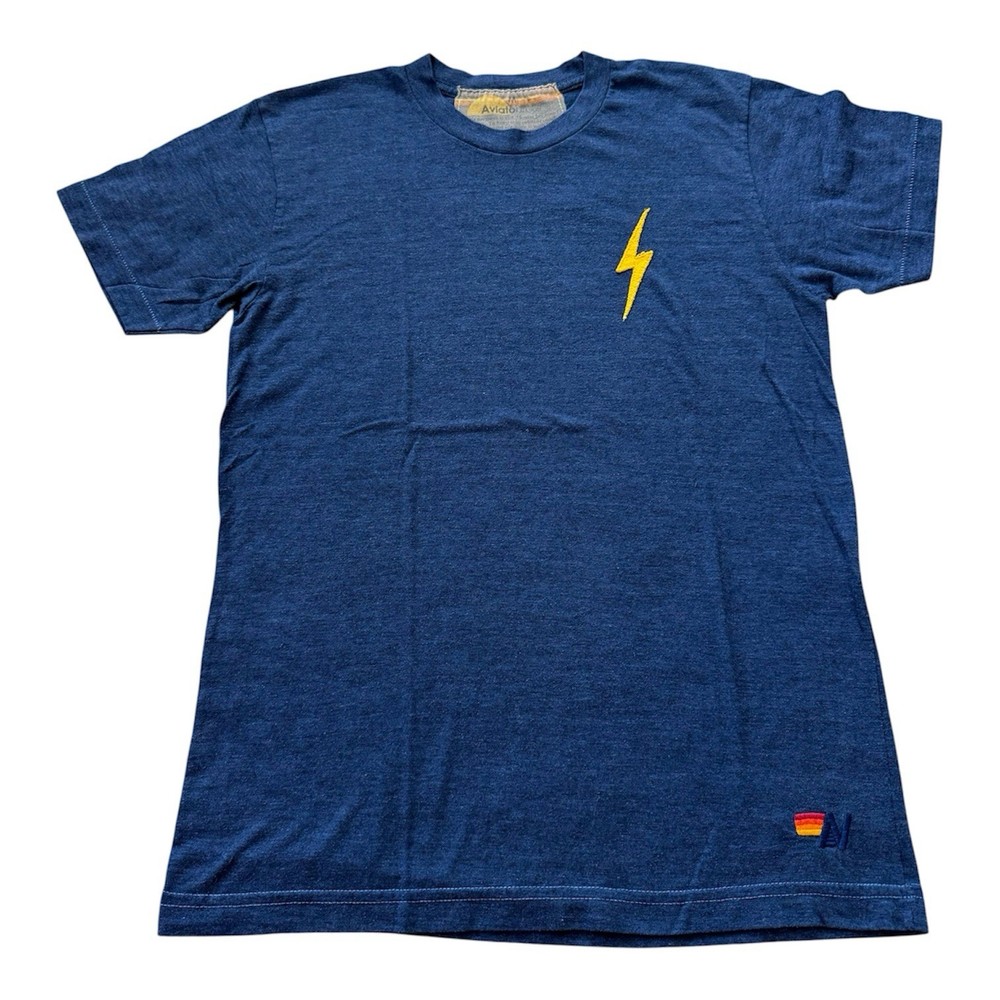 Aviator Nation Blue with small Patched Yellow Lightning Bolt TShirt Men's Size M