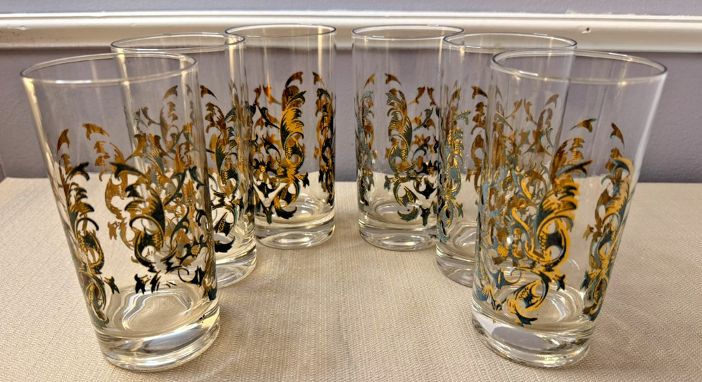 Vintage Gold Floral Barware Glasses Set 6 Mid Century Culver Style Teal MCM