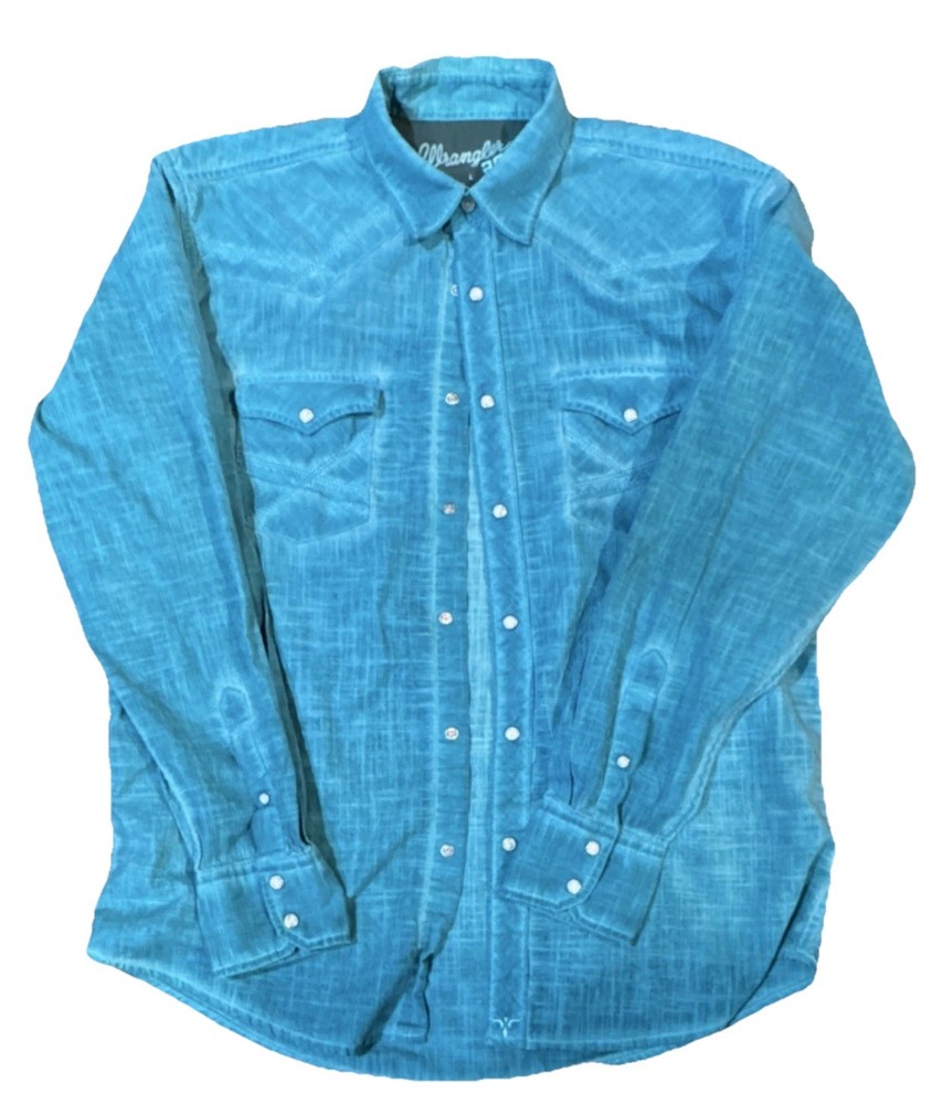 Wrangler 20X Men’s L Blue Cotton Western Pearl Snap Shirt Long Sleeve MJ1470G