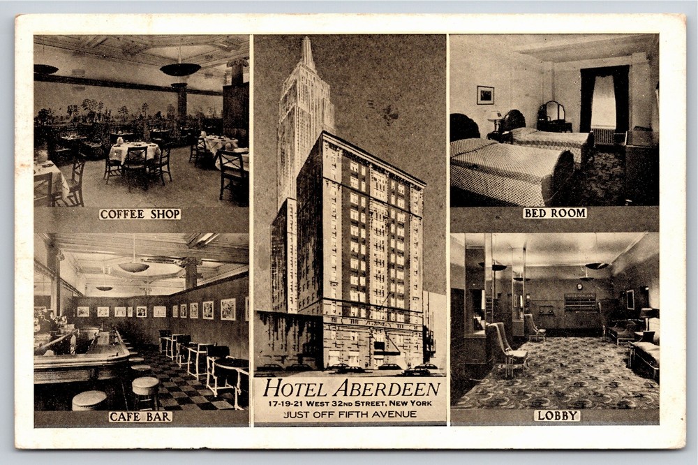 4 Labeled Views of Hotel Aberdeen New York City~Vintage Postcard