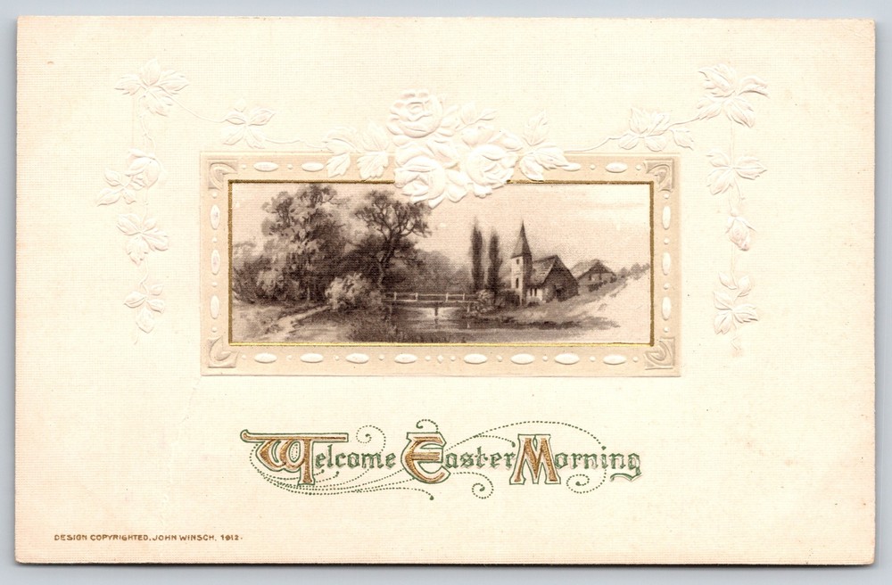 Welcome Easter Morning~Church & Bridge Scene In Frame~Emb~Winsch Vintage PC