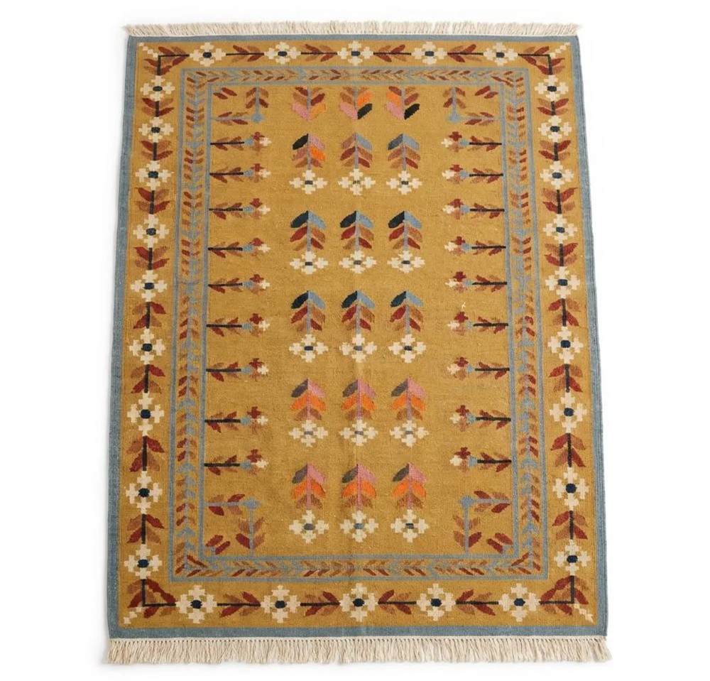 Hand Knotted Cotton Wool Kilim Dhurrie Rug Color Yellow Multi Design Carpet Rug