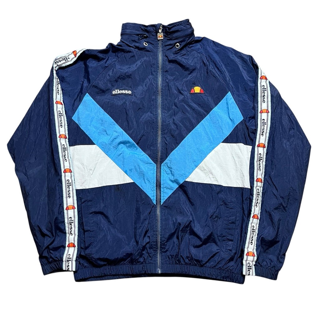 Ellesse Track Jacket Men Large Navy Blue Tape Logo Windbreaker Zip Hidden Hood