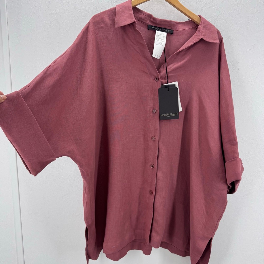 NWT Marina Rinaldi Bordaux Basilica Linen Button Up Shirt Plus Size 20 Boxy Boho