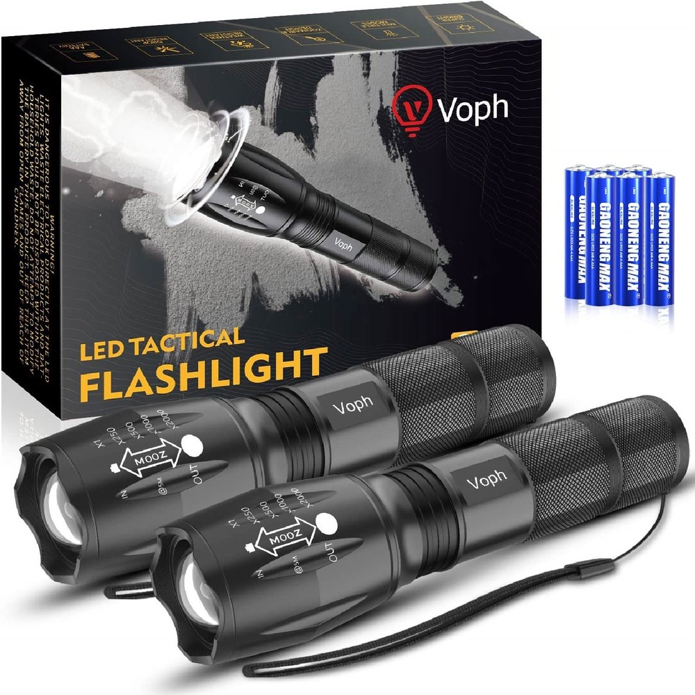 2-Pack 2000 Lumen Tactical LED Flashlight with 5 Modes, High Lumens, Compact Design