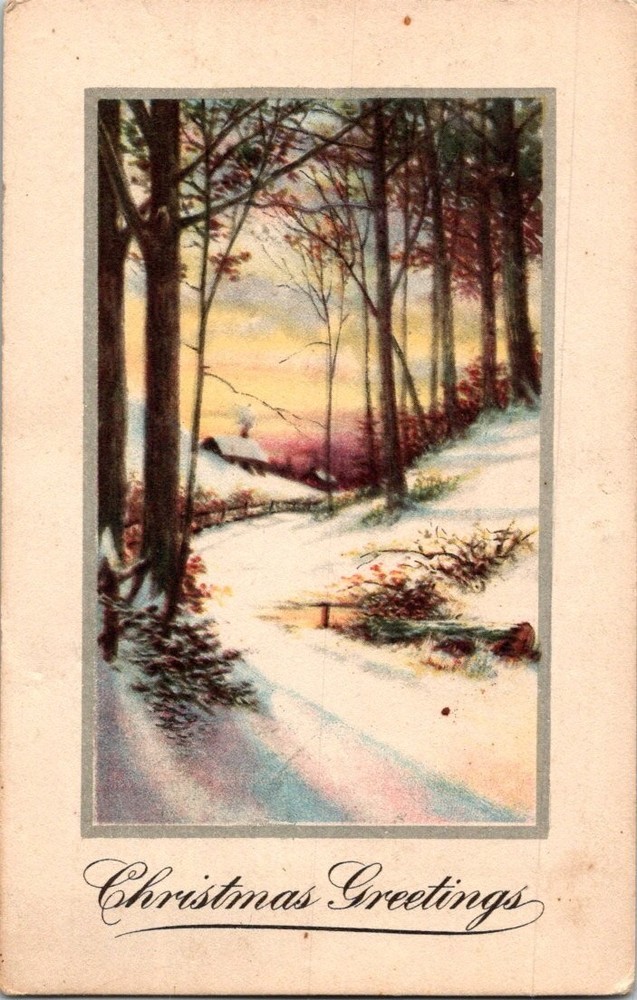 Vintage Christmas Greetings Postcard 1919 Winter Sunset Snowy Woods Scene