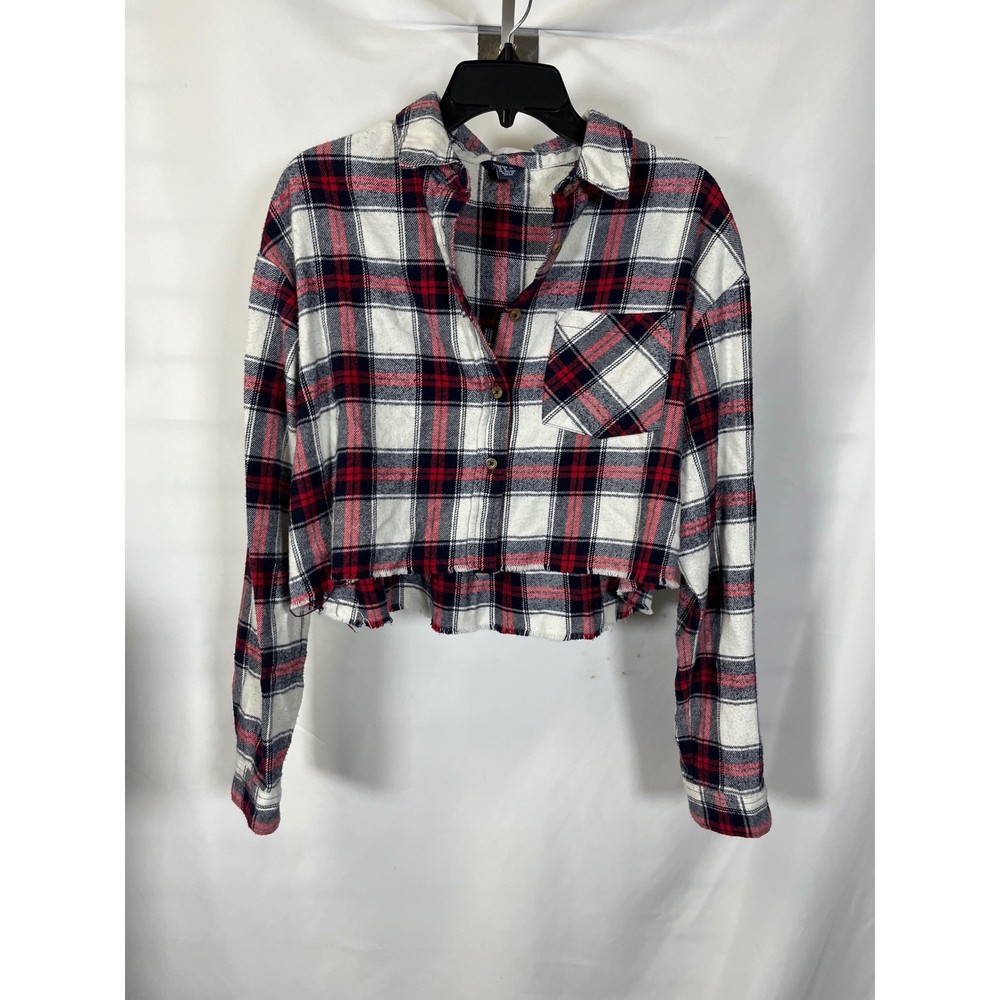Forever 21 Womens Medium Red White Blue Plaid Cropped Flannel Shirt Raw Hem