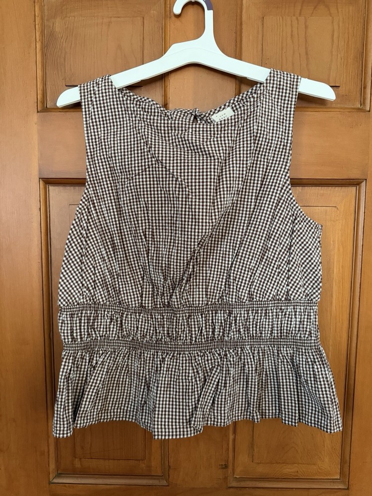 Women’s A New Day Brown Gingham Seersucker Peplum Sleeveless Top Size XL NWT