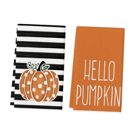 Polka Dot Striped Hello Pumpkin Fall Kitchen Dish Towels 18x26 Orange