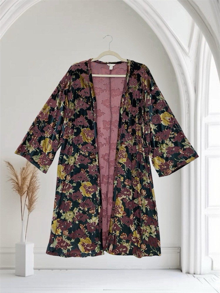 Womens Floral Burnout Open Front Kimono Duster Top Size Medium Boho Whimsy Chic
