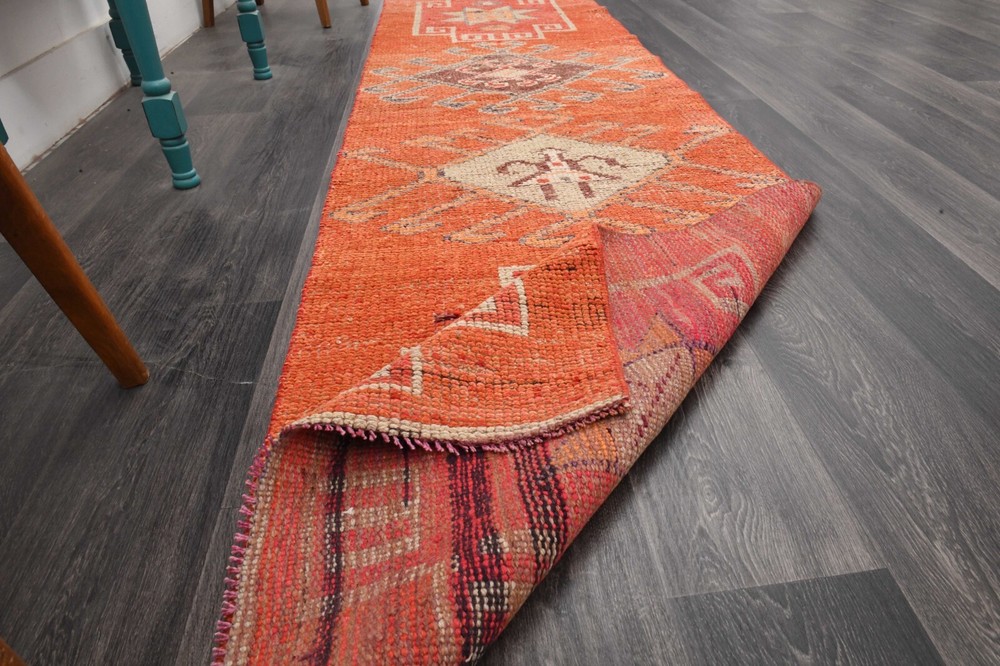 3x10 ft, Turkish Orange Runner Rug, Wool, Hallway Stair Decor, Washable, Tribal