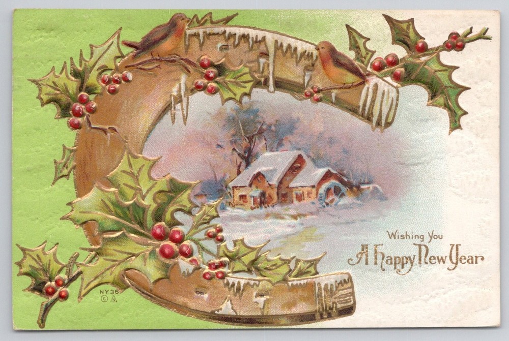 1912 Embossed Happy New Year Postcard - Winter Scene, Holly, Birds, Horseshoe