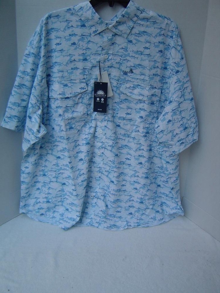 New Mens Izod Big&Tall Blue+White Fish Print Performance Short Sleeve Shirt 2Xlt