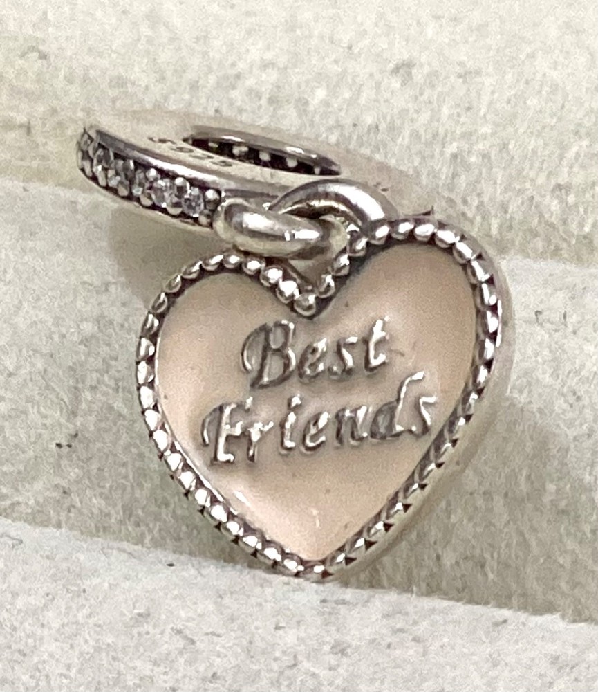 Genuine Pandora Pink Enamel Heart Best Friends Always There Silver Dangle Charm
