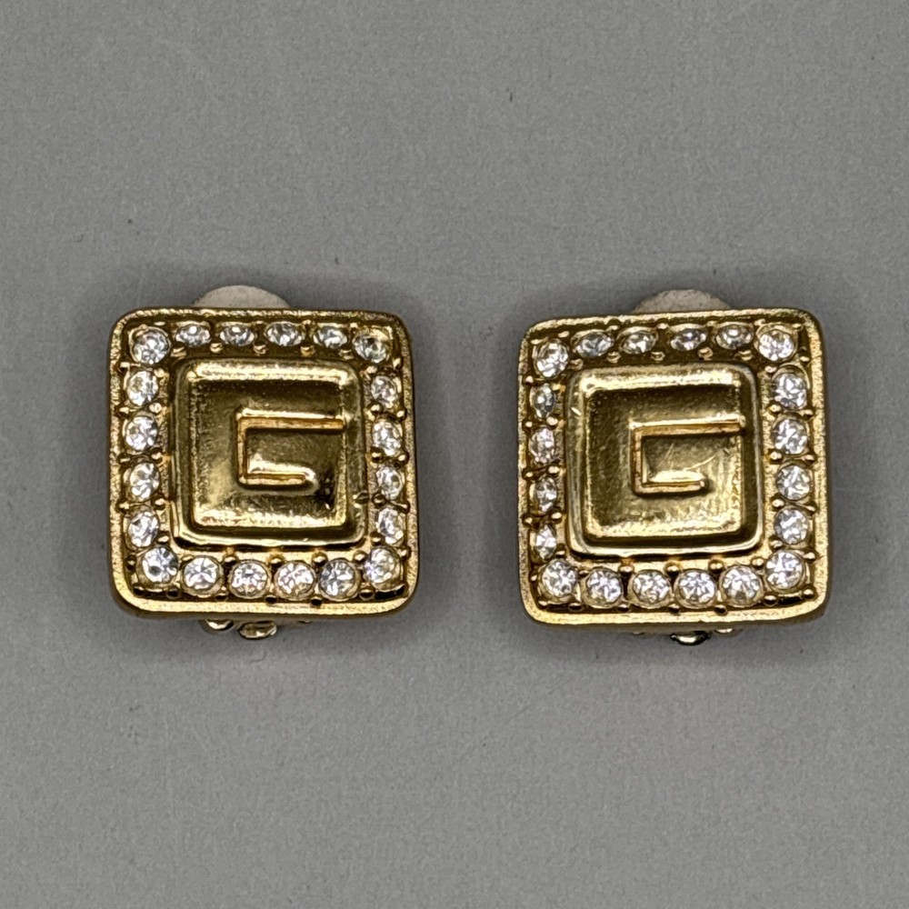 Givenchy Vintage Gold Tone & Rhinestone Signed Square Logo Clip On Earrings