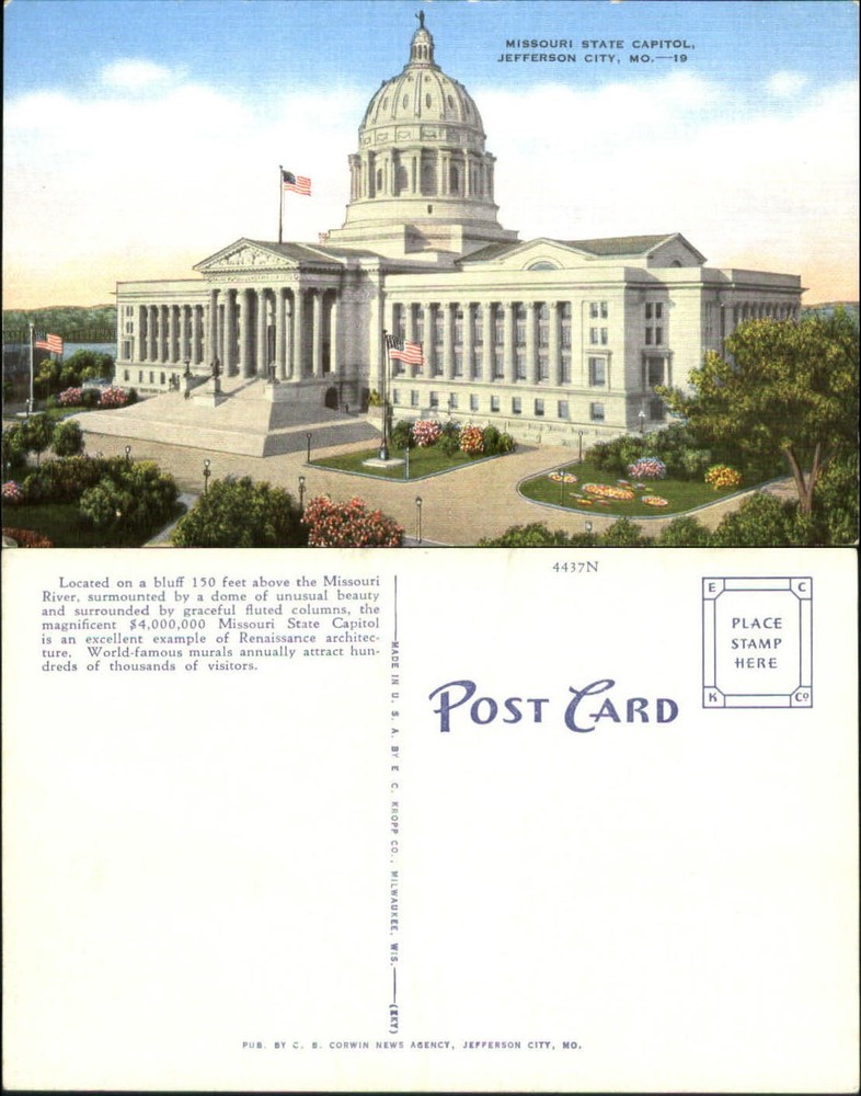Missouri State Capitol Jefferson City MO 1940s vintage postcard