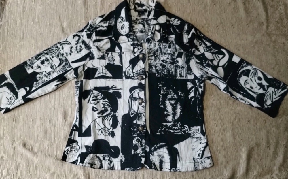 Kaktus Womens Black White Picasso Abstract Faces Button Up Jacket Size Large-image