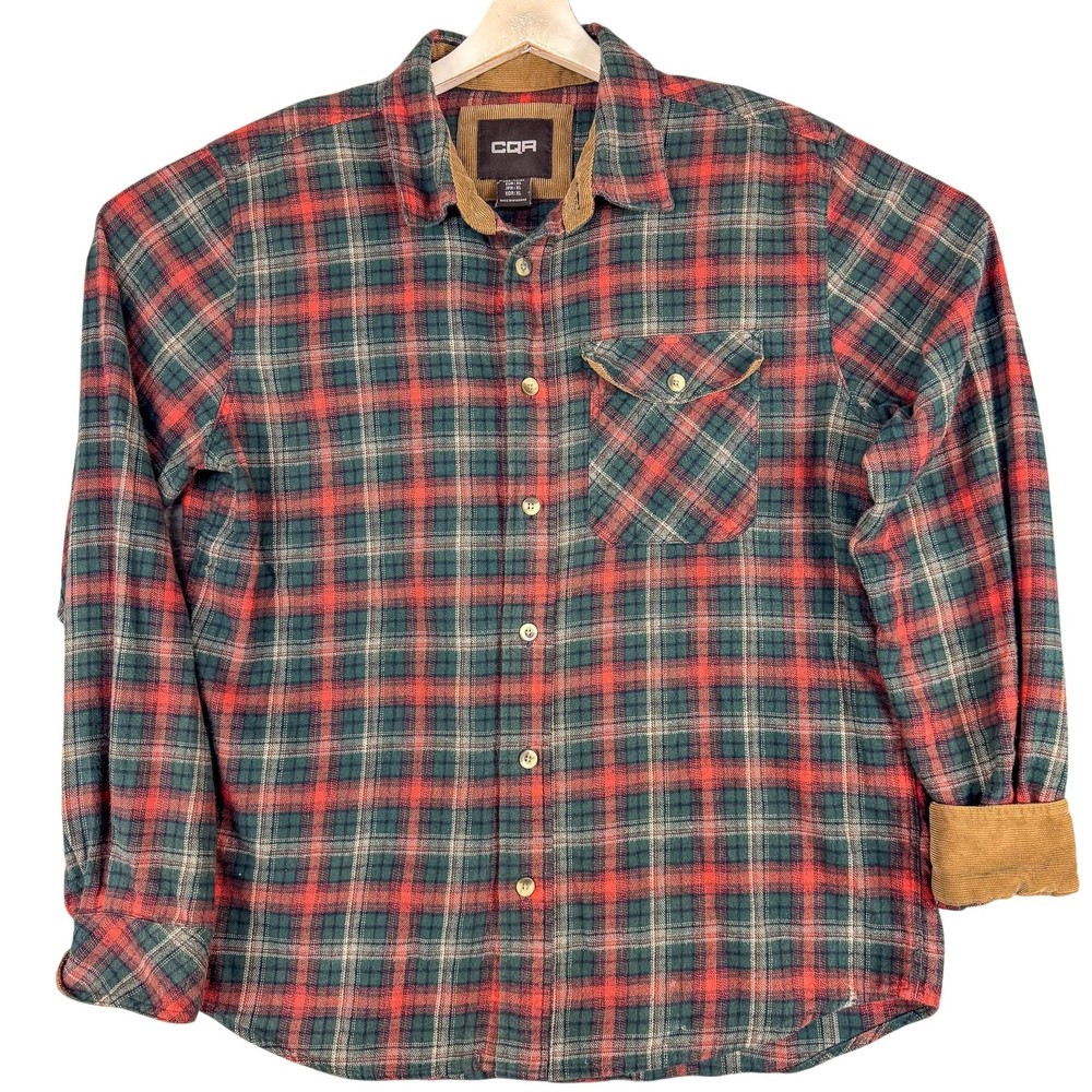 CQR Flannel Shirt Mens Large Green Red Plaid Corduroy Collar Casual Workwear