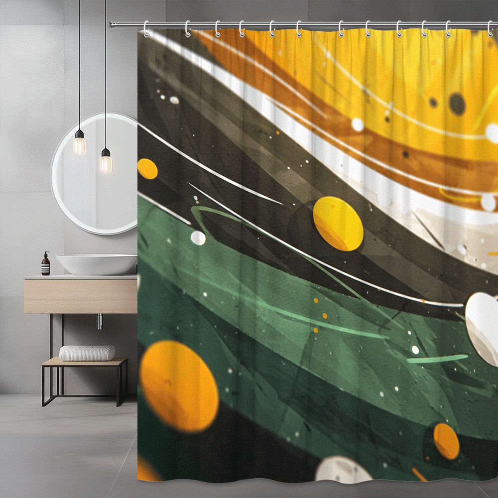 Abstract Space Shower Curtain Green Black Gold Orb Print