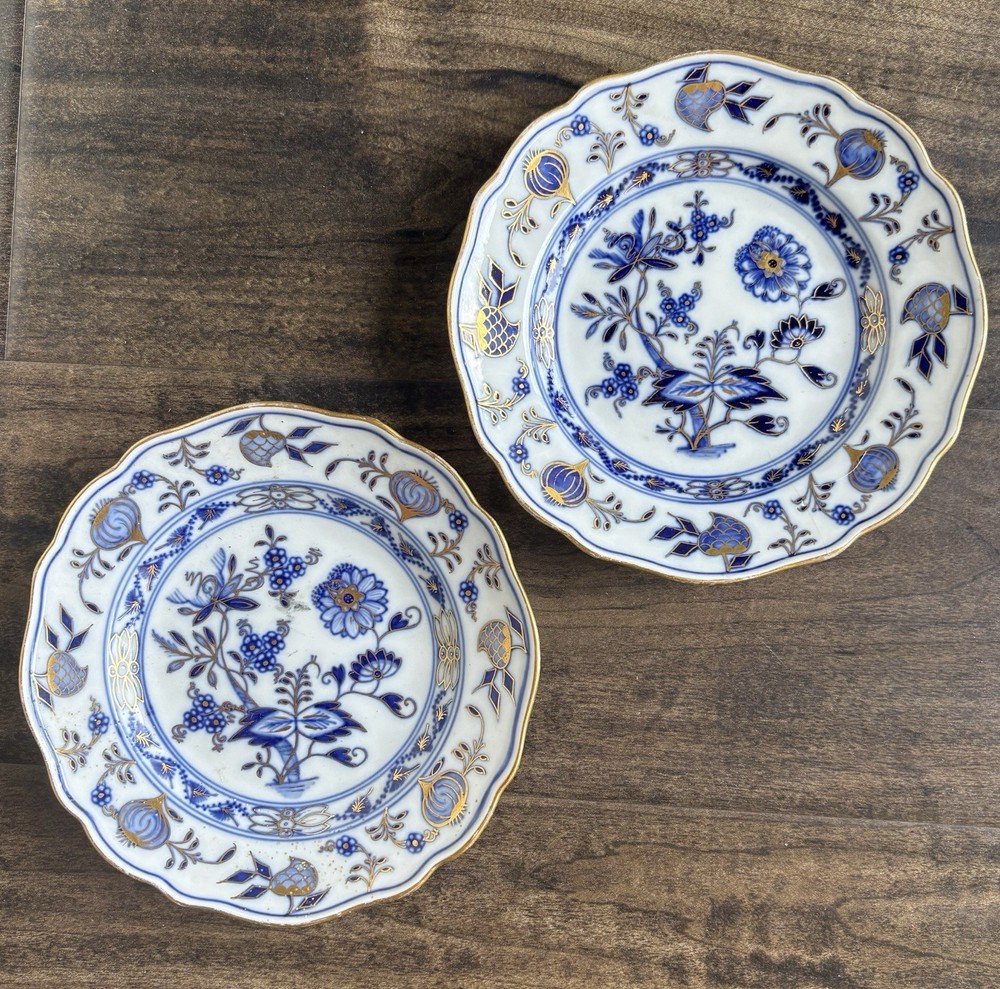 Pair Meissen (Germany) Blue Onion Pattern Porcelain Saucers 6”