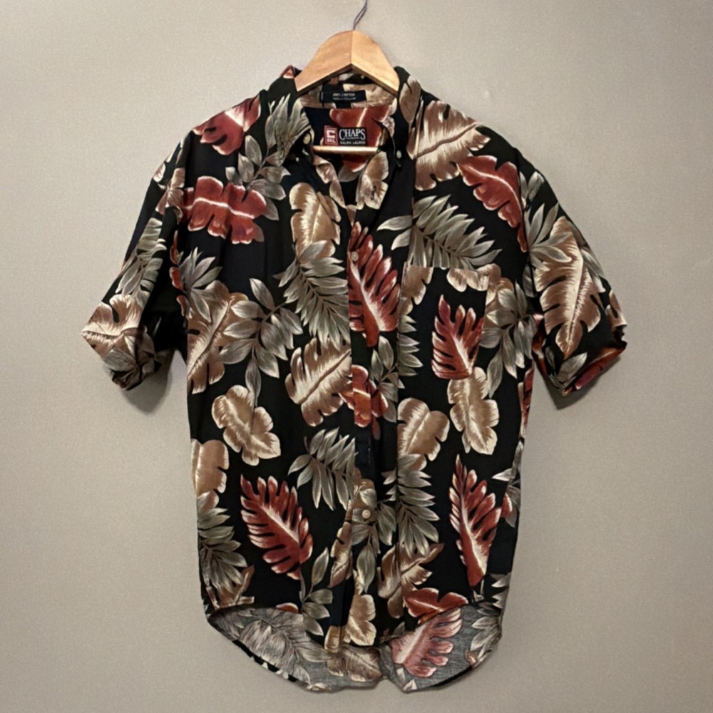 Chaps Ralph Lauren Men's L Cotton Floral Hawaiian Button-Up Shirt Black