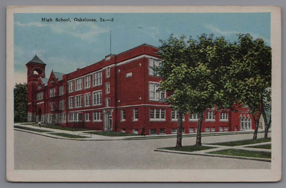 Vintage High School Oskaloosa Iowa Red Brick Building Postcard