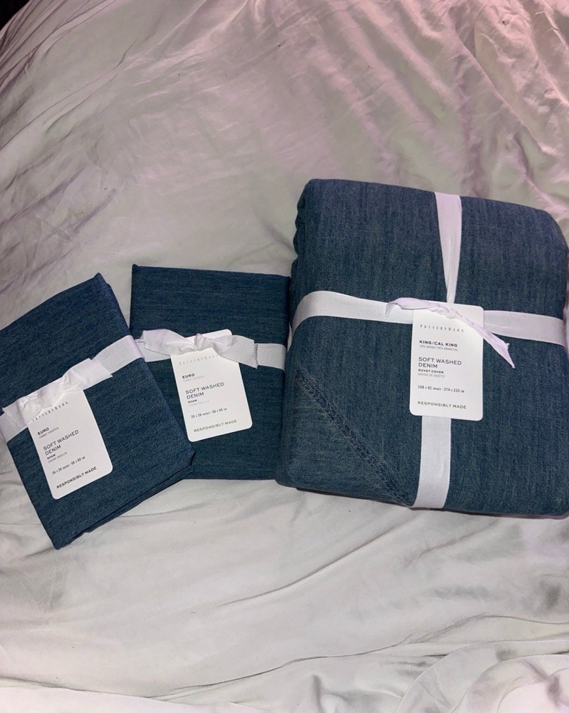 Pottery Barn SOFT WASHED DENIM Duvet King/California King & Two Euro Shams NWT