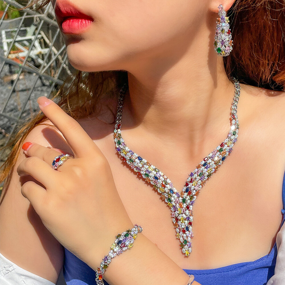 Silver Plated Cubic Zirconia Necklace Bracelet Earrings Ring Wedding Jewelry Set