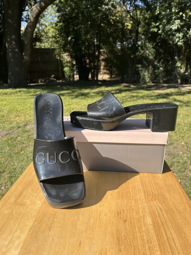 Gucci Womens Platform Block Heels Logo Rubber Slide Sandals Black SZ 39 (US 9)