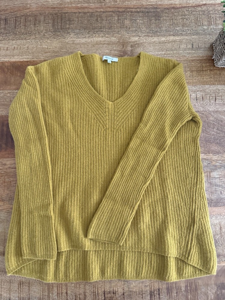 Madewell Women’s Small Mustard Yellow Wool Blend Sweater V Neck Ribbed High Low