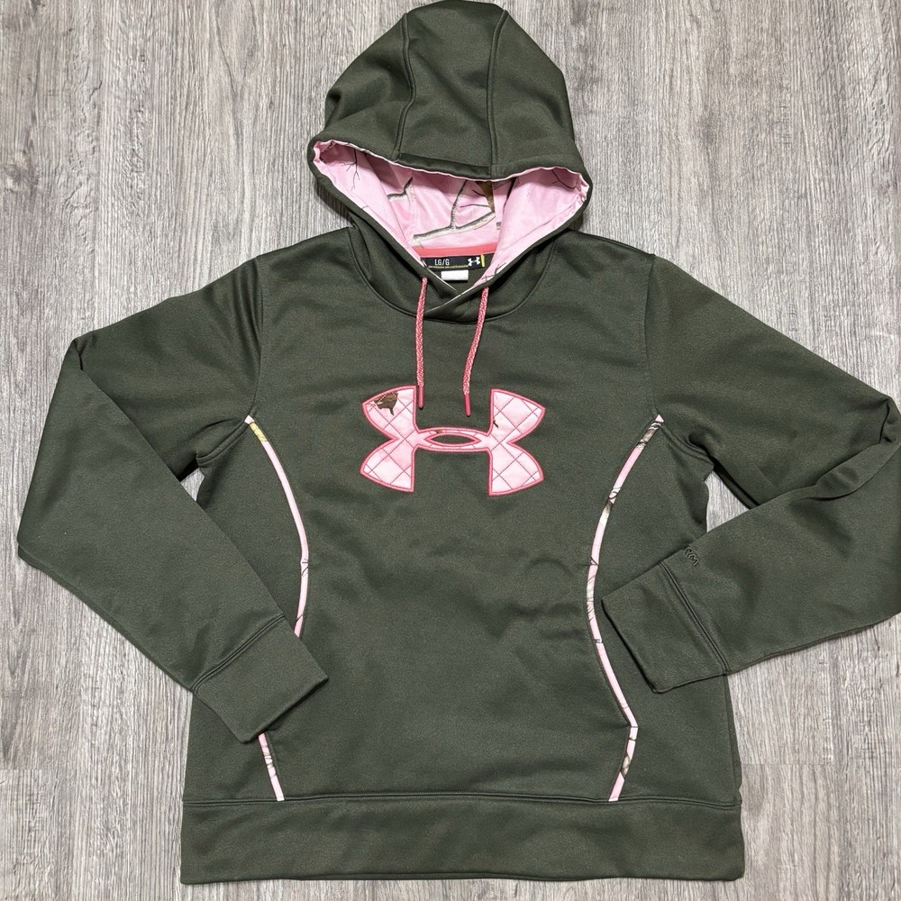 Under Armour Womens Hoodie Green Pink Camo Realtree Logo Pullover L