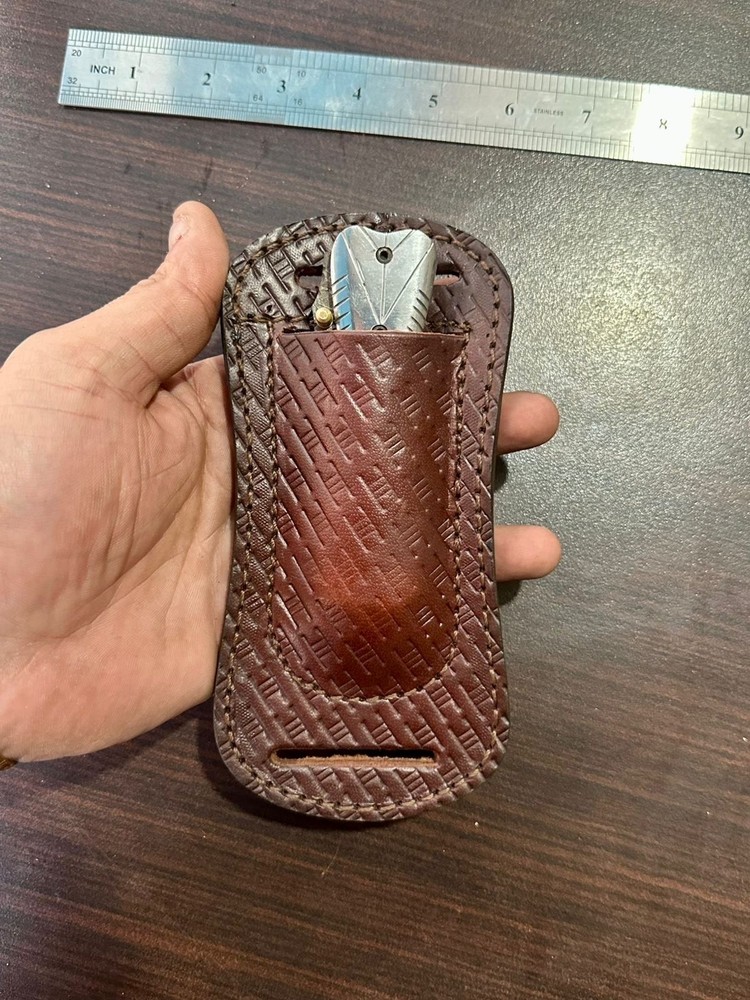 HAND MADE PURE LEATHER ENGRAVED HORIZONTAL SHEATH FOR FOLDING POCKET KNIFE 110