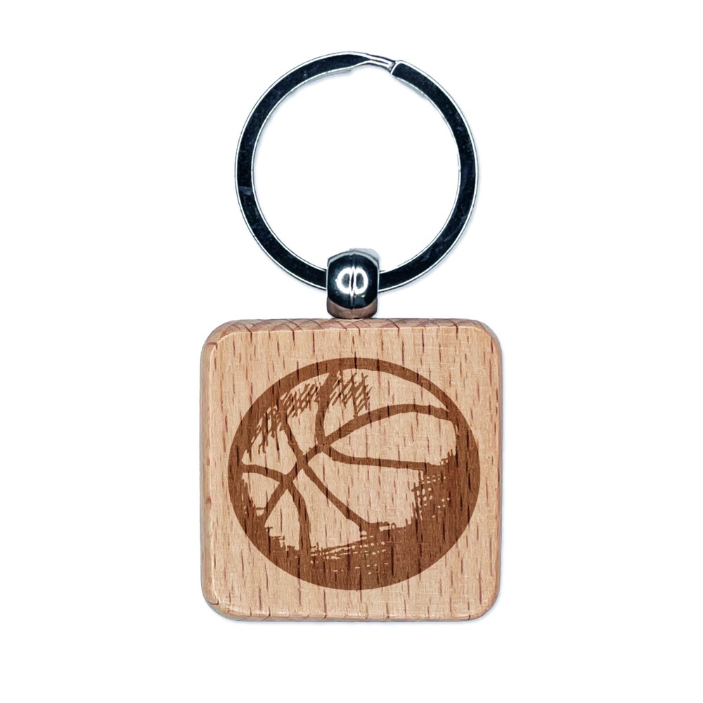 Basketball Sketch Engraved Wood Square Keychain Tag Charm