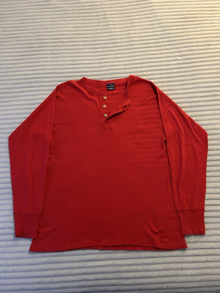 Distressed Duofold Men's Red Long Sleeve Thermal Base Layer Henley Shirt 70s/80s