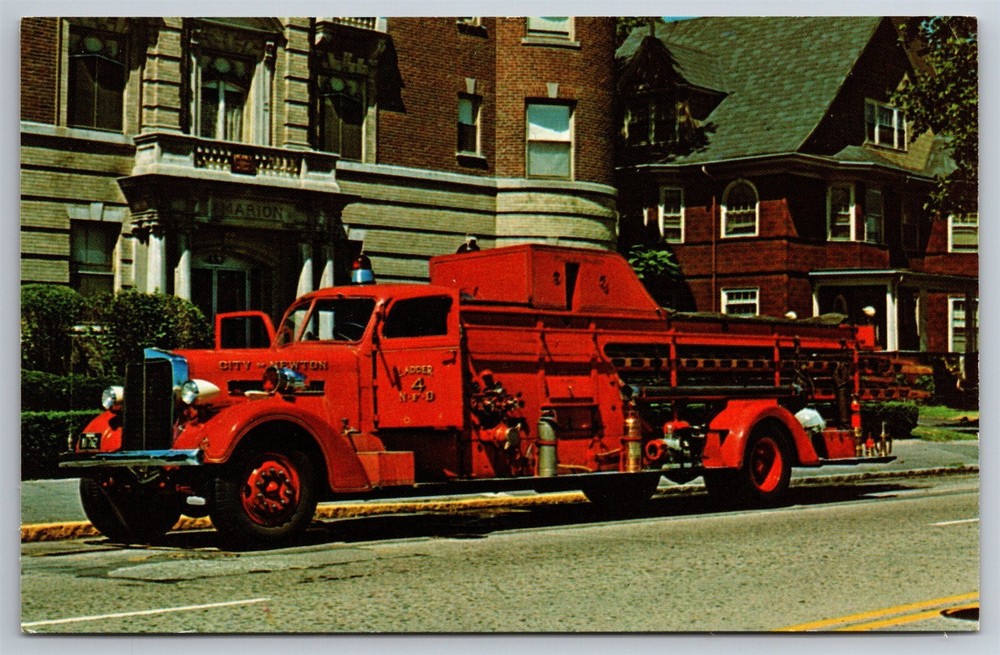 Newton Fire Dept Ladder No 4 MA 1942 Maxim City Service Quad Postcard Z15