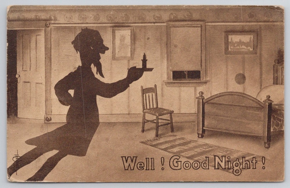 Vintage Shadow Series Postcard - Man with Candle, Well Good Night!