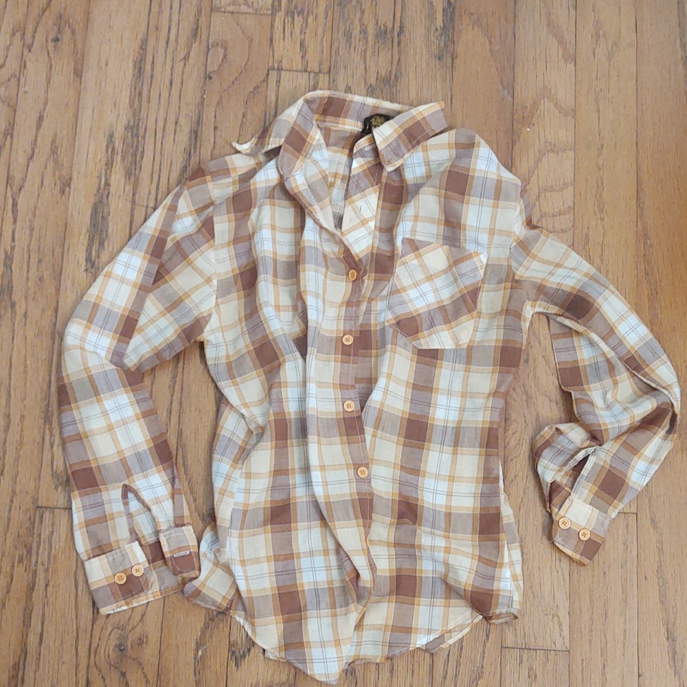 Women's Plaid Cotton Button-Up Shirt Brown Beige White Collared Long Sleeve