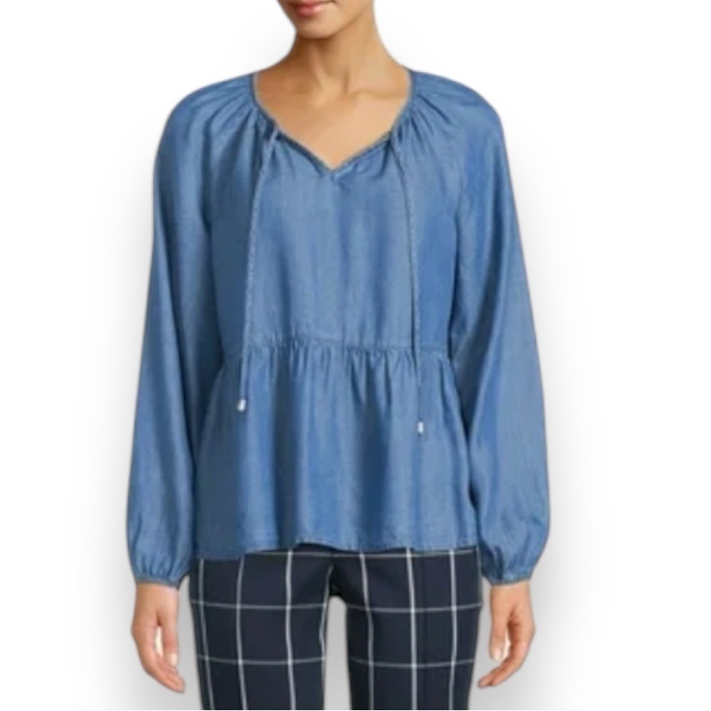 Time and Tru Lightweight Long Sleeve Peasant Peplum Top in Medium EUC