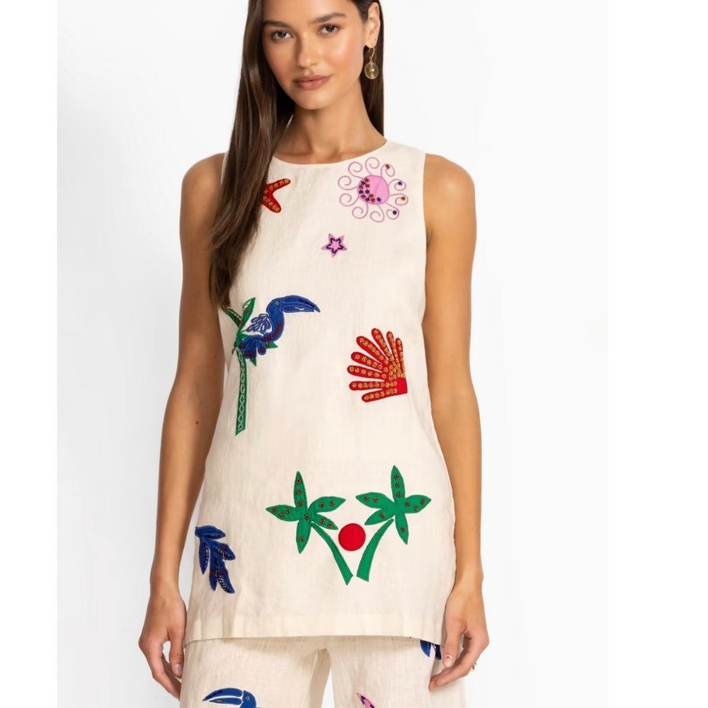 NWT Johnny Was Jade Cassady Tank Palomas Island Ivory Linen Embroidered Top XL