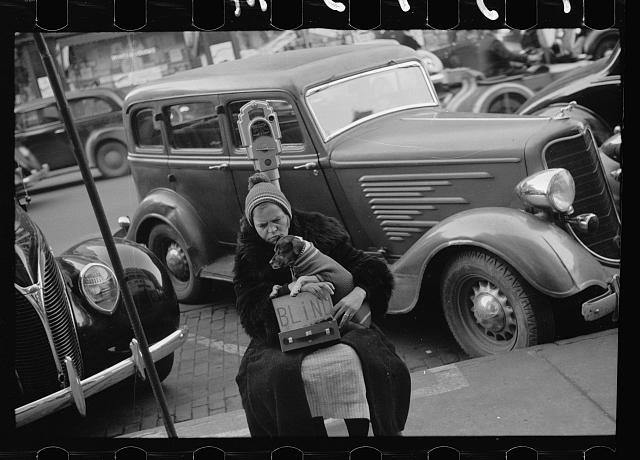 Photo:1930s Woman with Dog Vintage Cars Street Scene