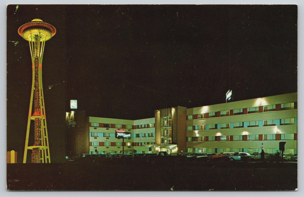 Vintage 1960s Seattle WA Travelodge Motel Space Needle Night Postcard 6th Ave
