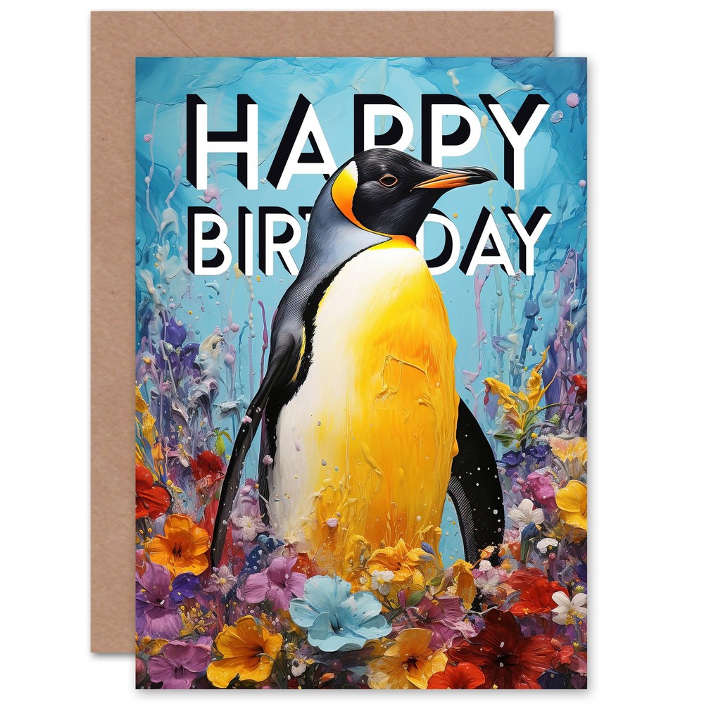 Happy Birthday King Penguin Flower Nest Blank Inside Greeting Card