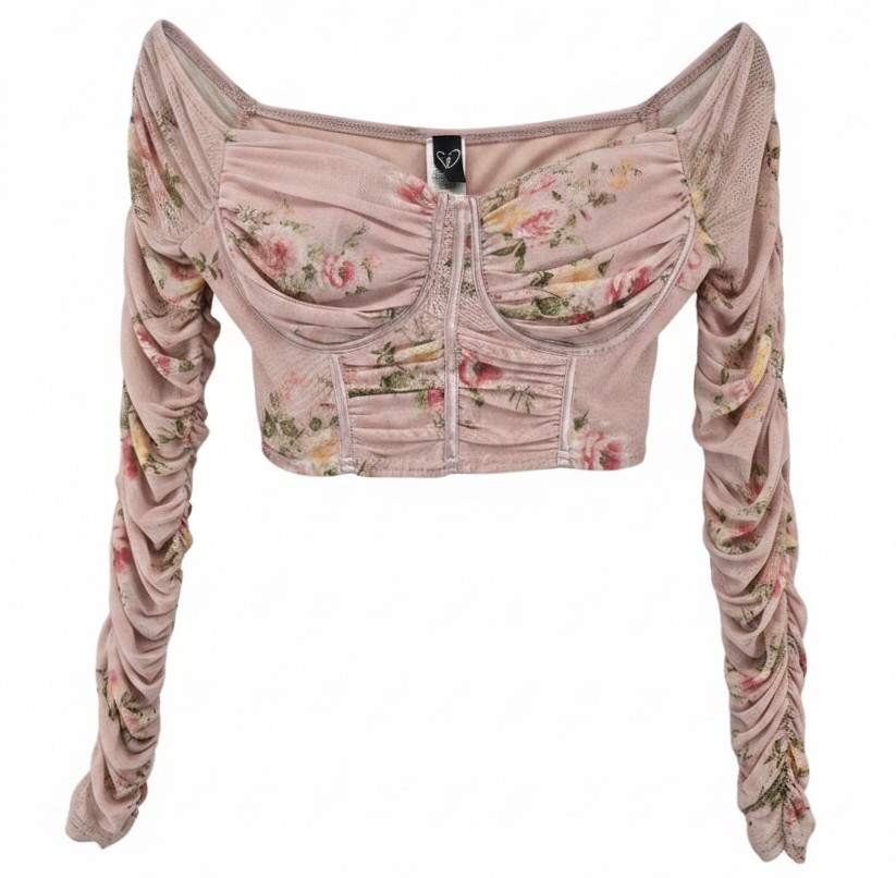 Windsor Pink Floral Ruched Sleeve Crop Top Sz S Corset Fairycore Coquette Flirty