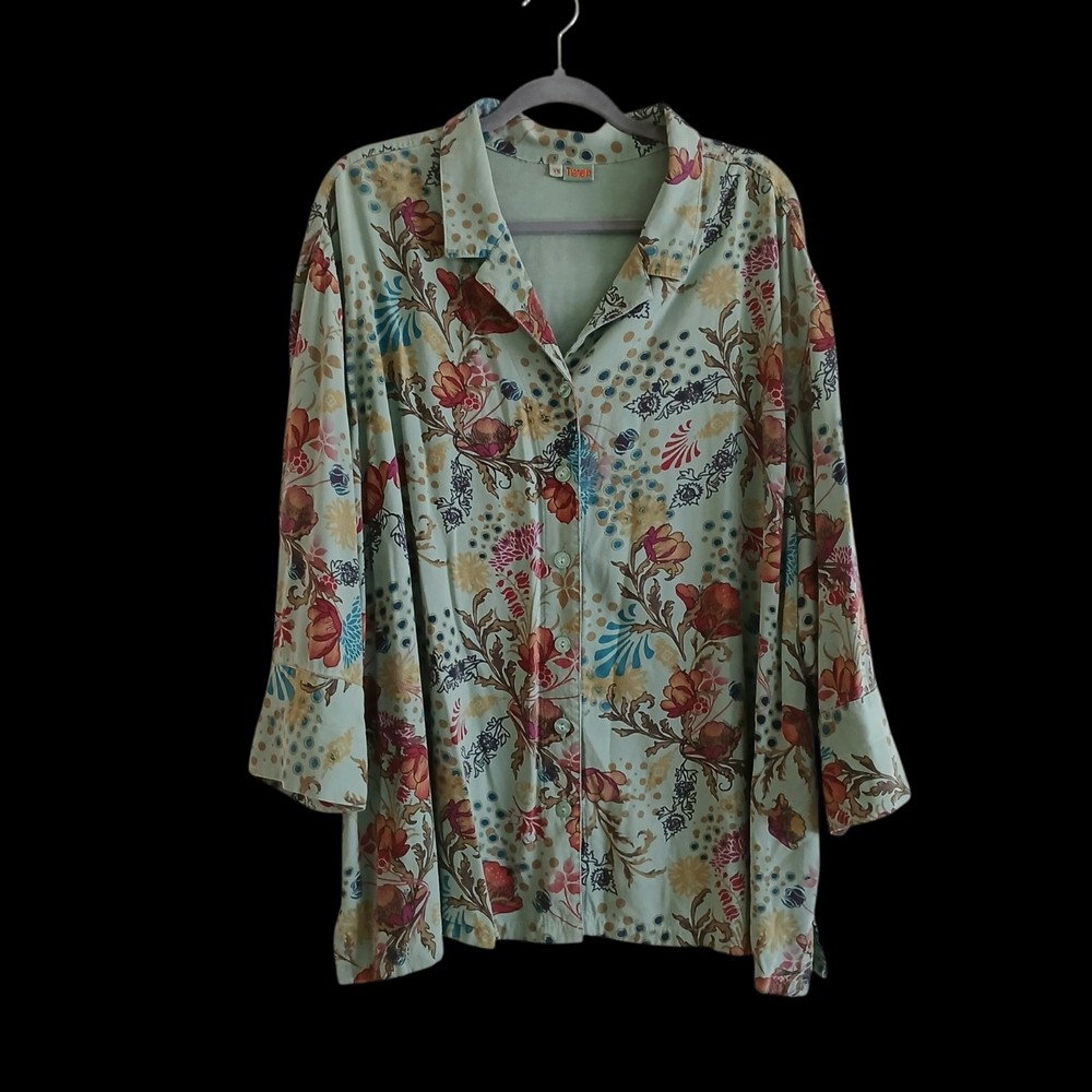 TIANELLO Button Up Tunic Women’s 3X Green Floral USA Lagenlook Relaxed Fit Boho