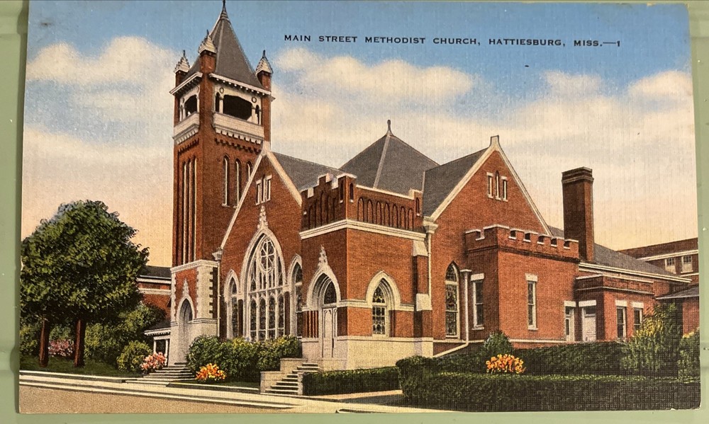 1940c Main street Methodist Church Hattiesburg Mississippi Colored Postcard