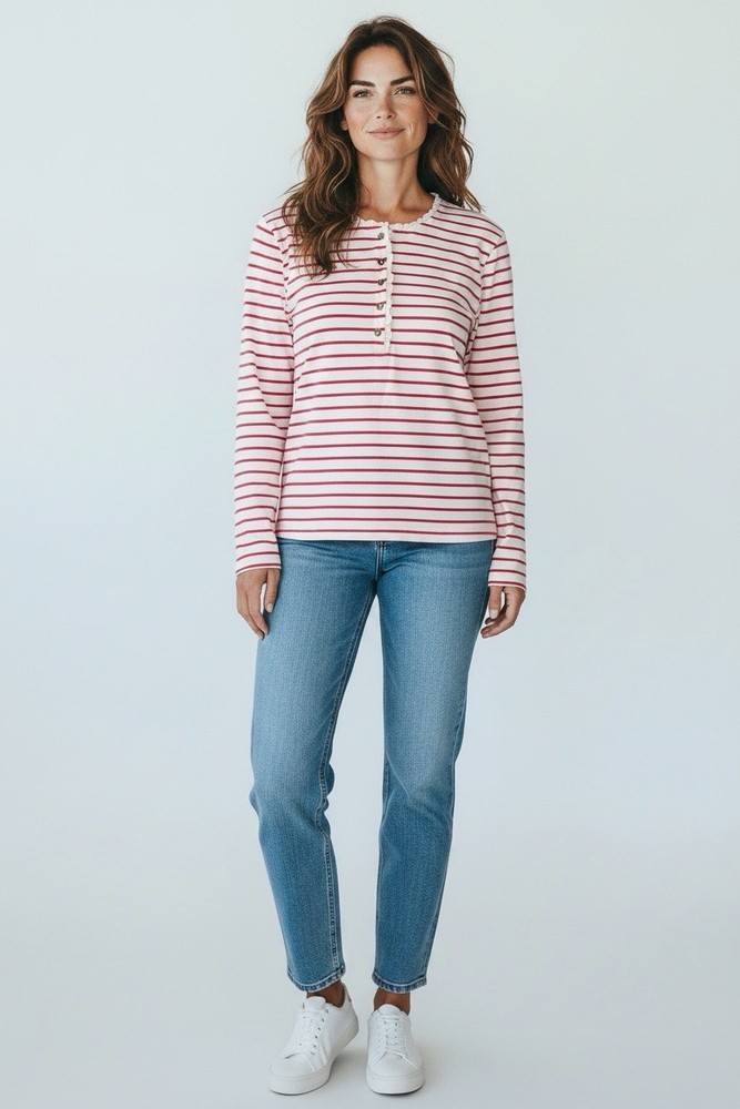 J Crew Women’s Size M Long Sleeve Striped Ruffle Collar Henley Tee Red White
