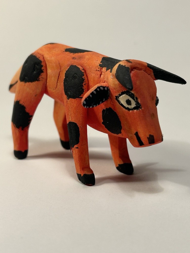 Vintage Mexican Wood Folk Art Bull Hand Carved And Painted Bull Alebrije