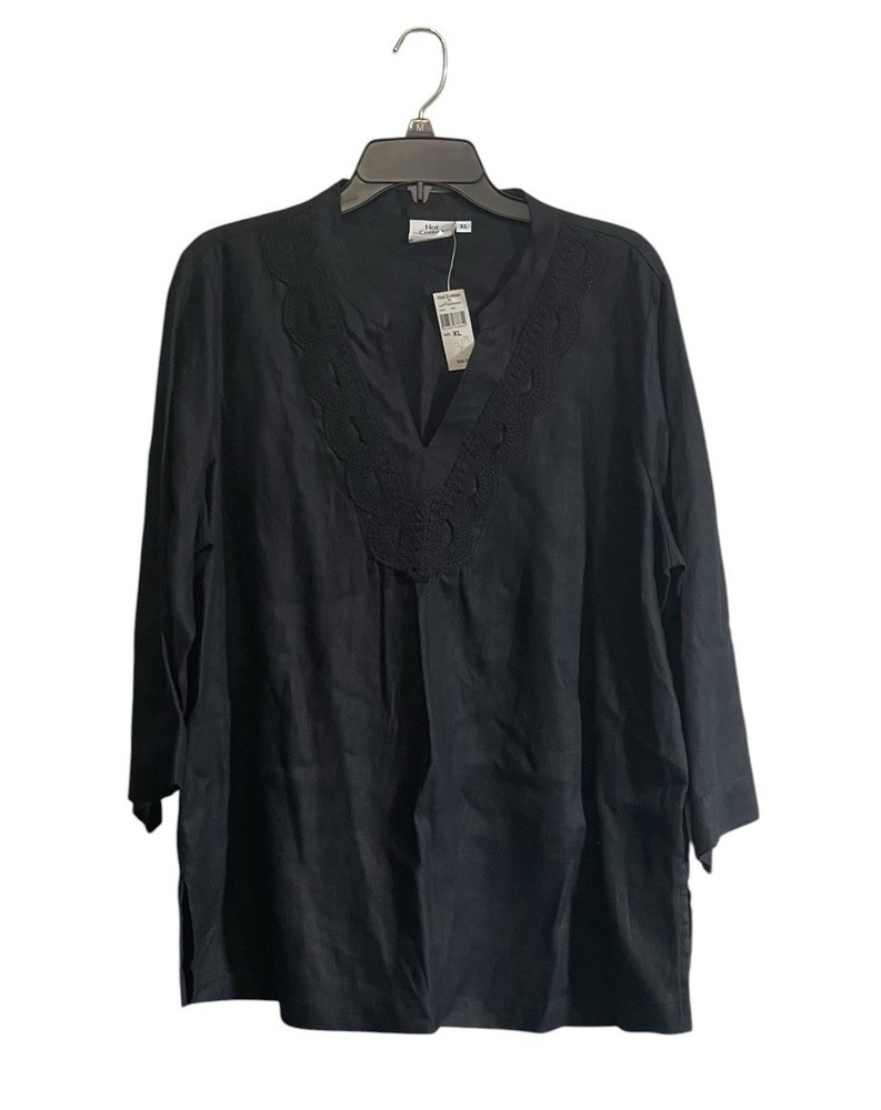NWT Hot Cotton Tunic Top Size XL Linen 3/4 Sleeve Black Embroidered Pullover