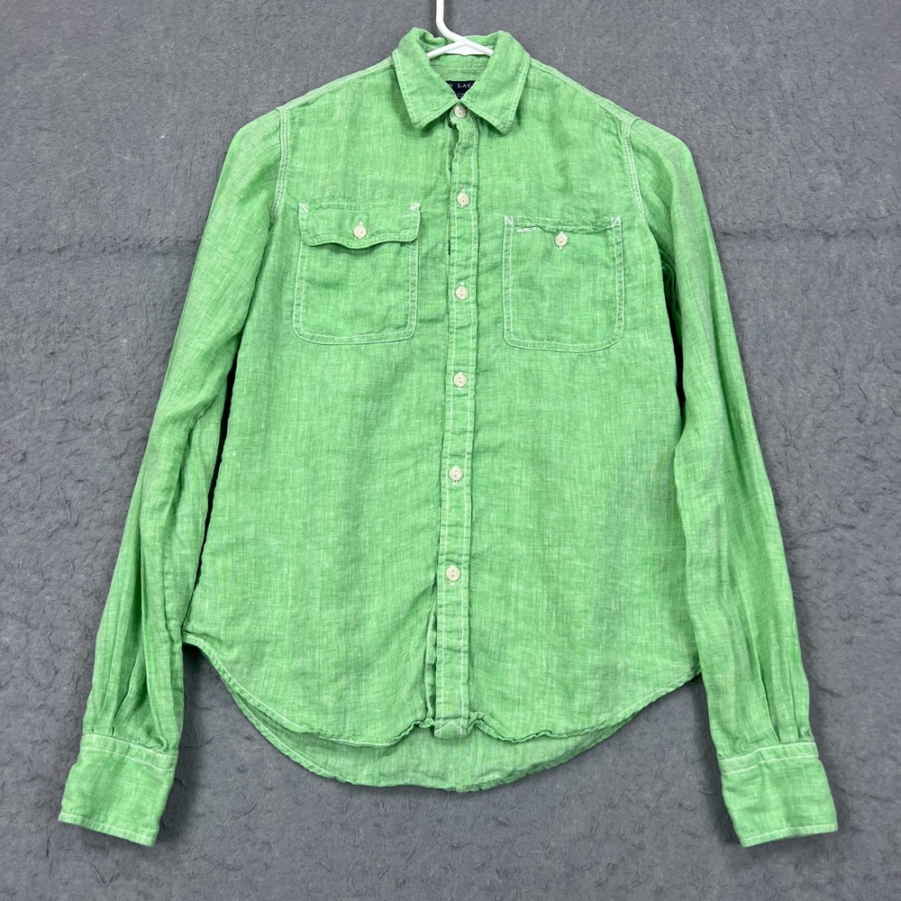 Ralph Lauren Shirt Women's 2 Green 100% Linen Woven Pockets Button Up Preppy Top