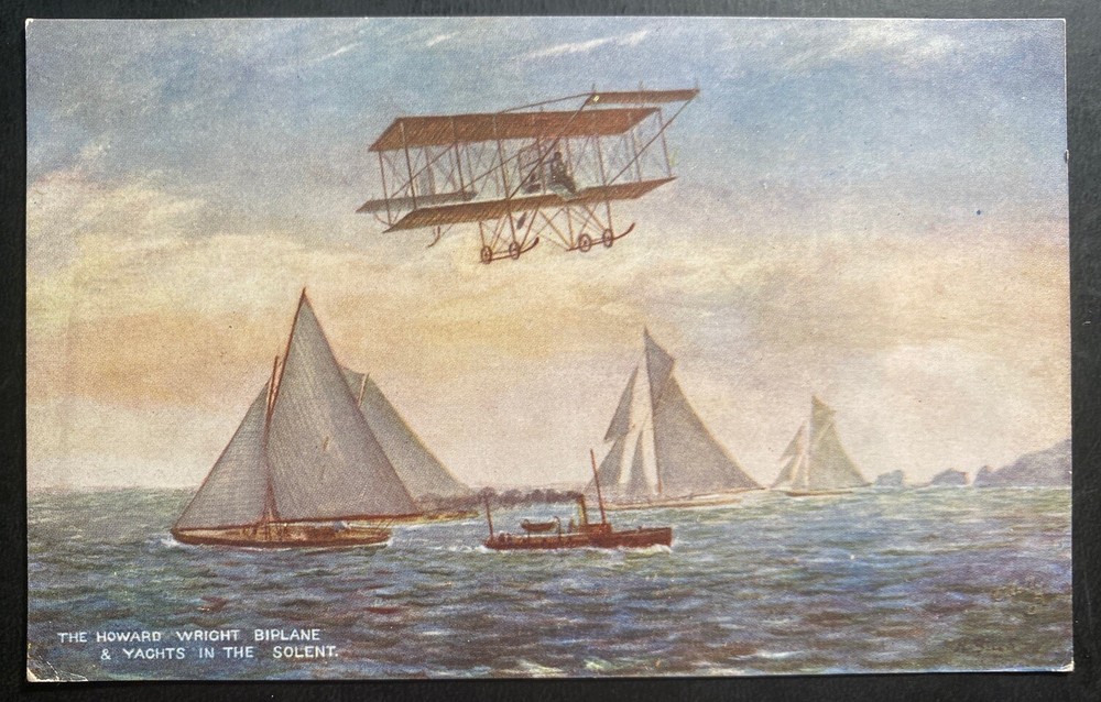 Mint England Picture Postcard Howard Wright Biplane & Yachts In The Solent